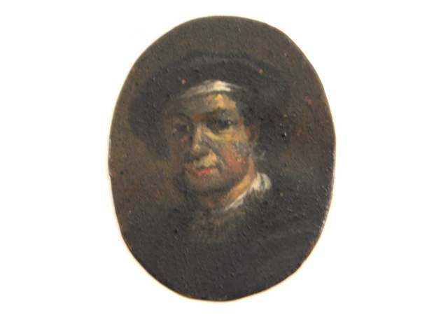 A 17thC. oil on copper of man in beret, possibly Rembrandt (1606-1669). Image size 30mm x 23mm. Prov