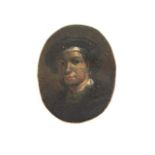 A 17thC. oil on copper of man in beret, possibly Rembrandt (1606-1669). Image size 30mm x 23mm. Prov