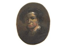 A 17thC. oil on copper of man in beret, possibly Rembrandt (1606-1669). Image size 30mm x 23mm. Prov