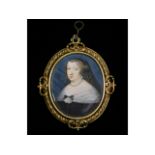 A 17thC. miniature portrait of Anne of Austria, wearing a black dress, a widow's cowl & pearl rope,