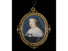 A 17thC. miniature portrait of Anne of Austria, wearing a black dress, a widow's cowl & pearl rope,