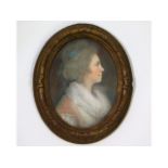 John Russell (1745-1806), a miniature pastel portrait of a lady wearing pale pink dress & blue ribbo