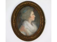 John Russell (1745-1806), a miniature pastel portrait of a lady wearing pale pink dress & blue ribbo