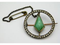 A Georgian yellow & white metal brooch, tested as gold & silver, set with jade & diamonds, 29mm diam