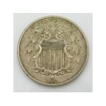 An 1867 USA silver five cent coin, 20.5mm diameter