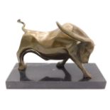 An abstract style bronze bull signed Truffot set on a polished marble mount, 12in wide x 7.75in high
