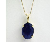 A 14ct gold chain, 21in long with 14ct gold mounted sapphire, believed to have been treated, chain w