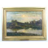 Paul Trouillebert (1829-1900), oil on panel of lake & landscape scene, monogrammed PT, signed to rea