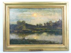 Paul Trouillebert (1829-1900), oil on panel of lake & landscape scene, monogrammed PT, signed to rea