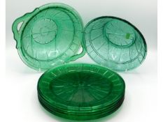 A 1930's seven piece green Jeannette depression glass salad set with pansy decor, plates 9in diamete