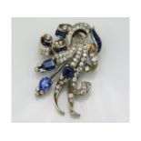 A made up brooch comprising varied carat golds, brooch set with diamonds & blue stones, 48mm x 32mm,