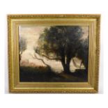 French impressionist oil on panel of landscape with person sat under tree set in gilt frame, signed