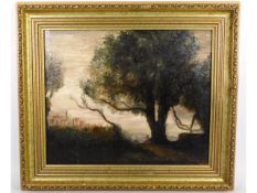 French impressionist oil on panel of landscape with person sat under tree set in gilt frame, signed