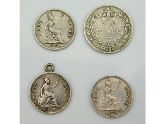 Three Victorian four pence silver coins, one mounted, one 1888, with lustre, twinned with an 1867 s