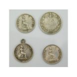 Three Victorian four pence silver coins, one mounted, one 1888, with lustre, twinned with an 1867 s