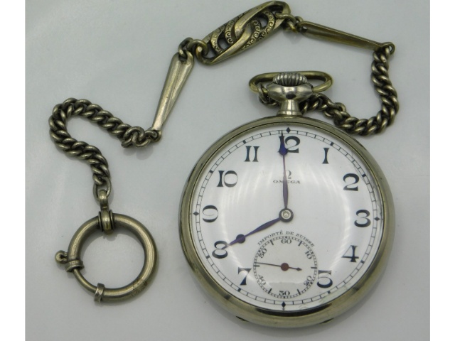 An Omega top wind pocket watch & 8.5in chain, case 48mm diameter, 93.7g running