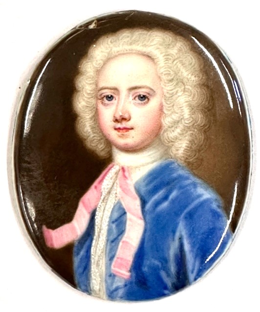 William Prewett (British, active 1735-1755), an enamel miniature portrait of Henry Stuart wearing la