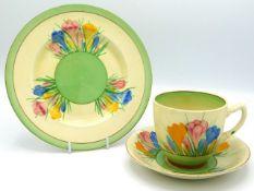 A Royal Staffordshire by Clarice Cliff crocus pattern trio with gilded mark