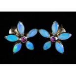 A pair of 9ct gold opal & ruby floral earrings, 3.2g