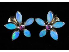 A pair of 9ct gold opal & ruby floral earrings, 3.2g