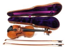 An antique violin with two piece back, sold with its crocodile style skin case & two bows. One bow w