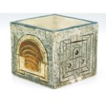 A Troika pottery cube by Tamsin Ruhrmund, bought in 1979, 3.25in high x 3.625in square, two small ch