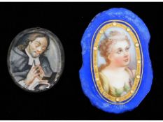 A small 18thC. miniature watercolour of a cleric, set in white metal with faceted glass, measures 23