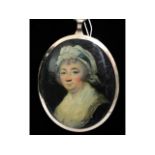 An 18th/19thC. miniature oil portrait of a lady wearing lace cap & shawl with black dress, painted o