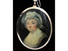 An 18th/19thC. miniature oil portrait of a lady wearing lace cap & shawl with black dress, painted o