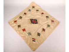 A WW1 era silk showing various standards & flags around a central Union Jack, 20.75in x 21in