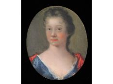 In the style of Samuel Cotes (1734-1818), a miniature portrait of a woman with blue satin dress & re