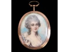 Richard Cosway (1742-1821), a portrait of a lady wearing a pearl trimmed, white décolleté dress & pe