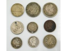 Nine antique USA coins including an 1895 five cents, two 1903 quarter dollars & an 1892 dime