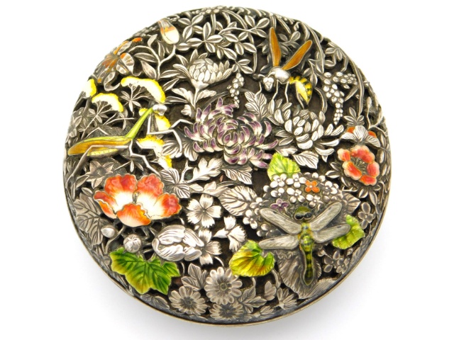 A Chinese silver opium pot & cover with carved decor, some highlighted with enameling depicting inse