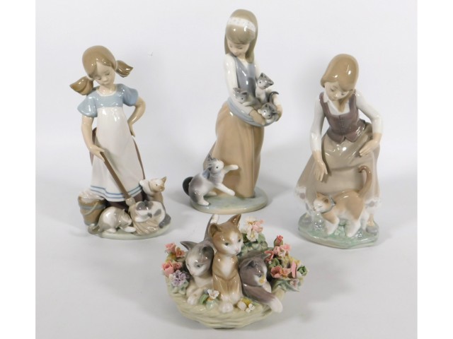 Three Lladro girls with cats & kittens twinned with Lladro kittens in flowers, some faults to flower