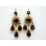 A pair of Georgian style gold earrings set with garnet & pearl, drop 46mm, 7.8g