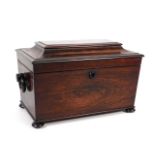 A 19thC. rosewood tea caddy with wooden handles, measuring 15in wide x 7.5in deep x 8.75in high