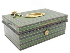 A Victorian Chatwood cash tin with copper lined coin tray & brass fittings, 10in wide x 6.25in deep