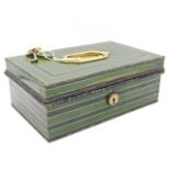 A Victorian Chatwood cash tin with copper lined coin tray & brass fittings, 10in wide x 6.25in deep