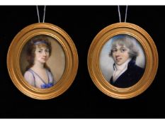 Andrew Plimer (1763-1837), a pair of gilt framed miniature family portraits of a lady in blue dress
