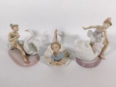 Three Lladro ballerinas, two with swans, unboxed, tallest 7.5in