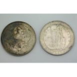 Two Hong Kong silver trade dollars, dates 1899 & 1900, 54g