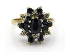 A 9ct gold sapphire & diamond cluster ring, 5g, size S