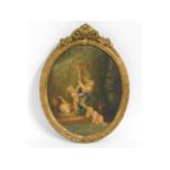 A c.1800 French School oil on oak panel of cherubs playing at fountain, set within gilt frame, loss