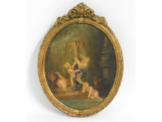 A c.1800 French School oil on oak panel of cherubs playing at fountain, set within gilt frame, loss