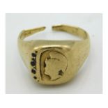 A 19thC. gold centurion signet ring, originally set with small rose cut sapphires, worn. damaged, lo