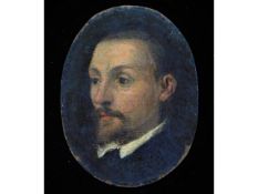 An 18thC. oil on copper miniature portrait of bearded gentleman in black tunic with white collar und