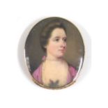 Samuel Cotes (1734–1818), an enamel miniature portrait of lady wearing lilac dress & pearl necklace