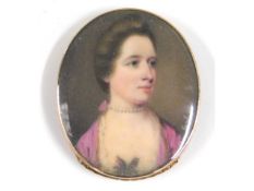 Samuel Cotes (1734–1818), an enamel miniature portrait of lady wearing lilac dress & pearl necklace