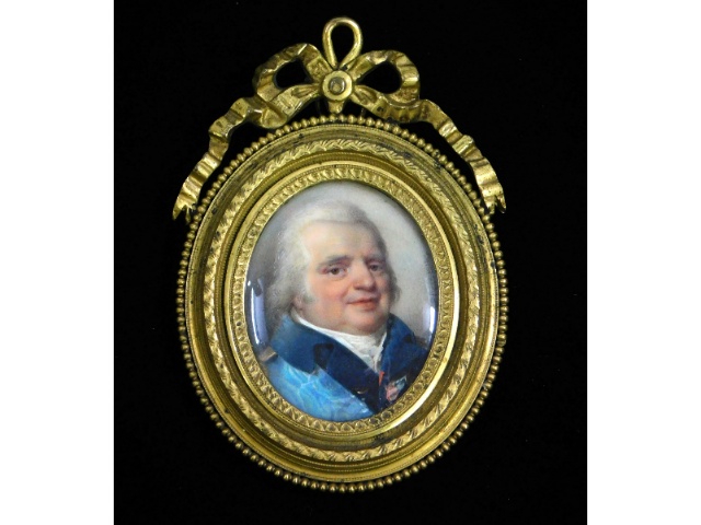 Jean-Baptiste Isabey (1767-1855), a portrait of Louis XVIII wearing light blue uniform with dark blu